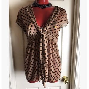 SUPER CUTE!!LASHES SIZE L - POLKA DOT TAN & BLACK SHEER CINCH WAIST  BLOUSE TOP